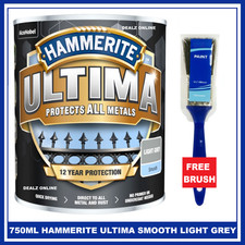 Hammerite Ultima SMOOTH LIGHT GREY 750ML  Metal Paint + FREE BRUSH