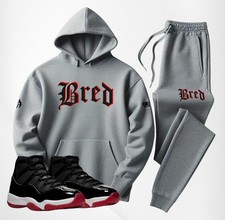 Men's Grey Hoodie Joggers BRED Sweatsuit To Match Air Jordan 11 Bred Tracksuit