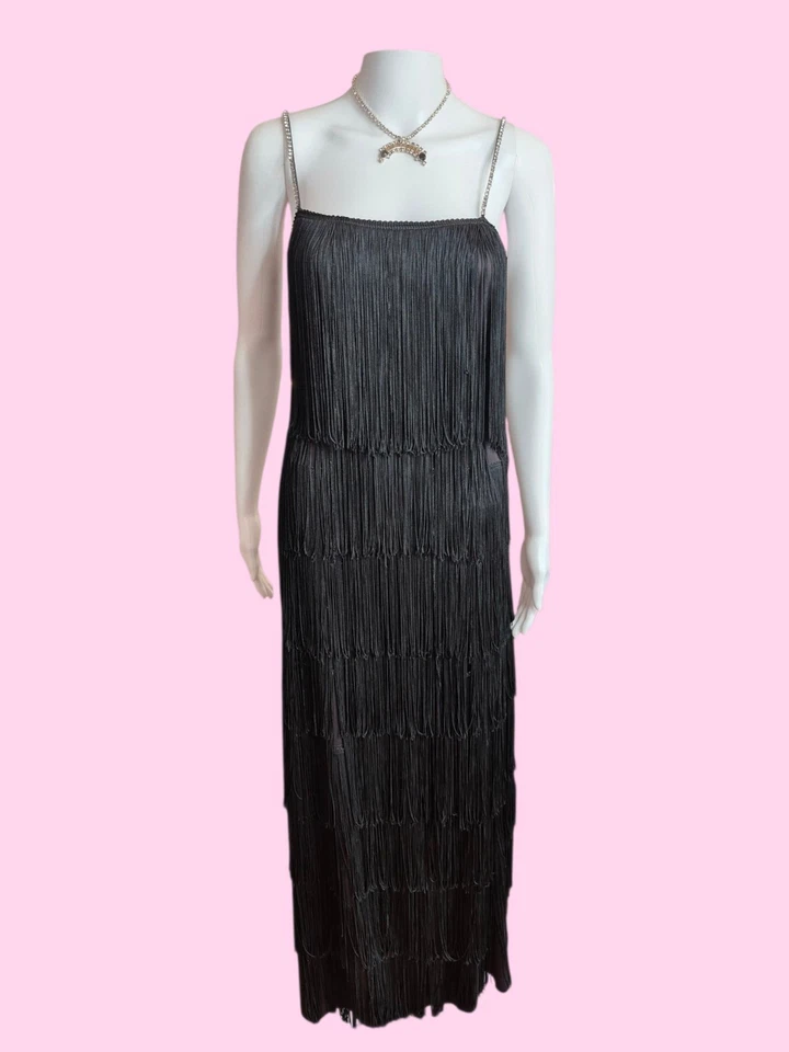 Vestido Largo Negro Flecos Años 60/70 De Colección Talla S Aleta Estrás Noche Formal Baile de graduación Foto 4 de 4