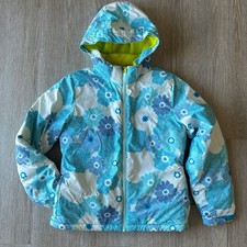 L.L.Bean Girls Hooded Floral Puffer Jacket Blue White L 14-16