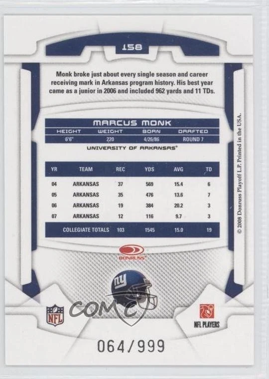 2008 Leaf Rookies & Stars Rookie /999 Marcus Monk #158 RC - Image 2 of 2