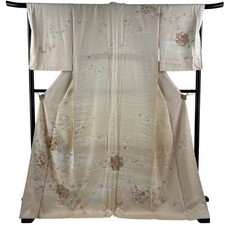 Japanese Silk Houmongi Kimono L 172cm Beige Grass and flowers Haze Masterpiece 9