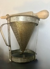 Vintage Metal Conesical Sieve Food Mill Chinois W/ Original Wooden Pestal MCM