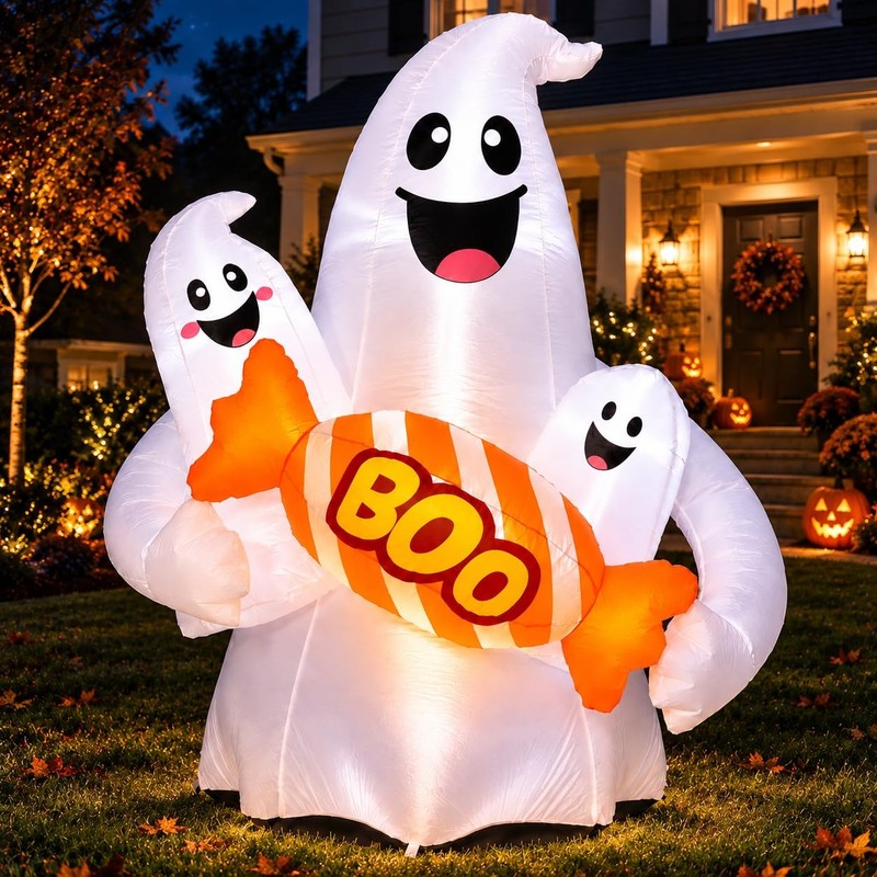 New 6FT Halloween Inflatable Ghosts Outdoor Decorations, Cute Holding Boo Candy