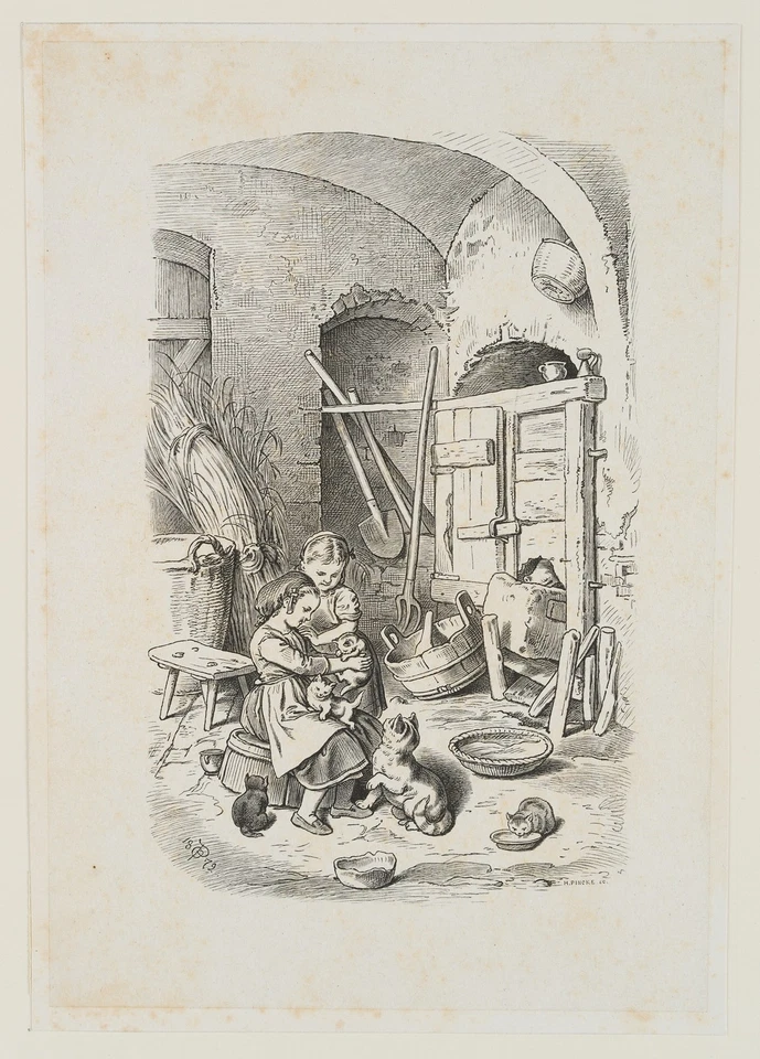 PINCKE (19.Jhd) nach PLETSCH (*1830), Mädchen mit Kätzchen im Keller, 1872, HSt - Bild 2 von 4