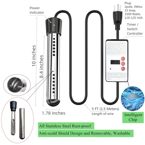 1500W Electric Immersion Water Heater for Bucket, Bathtub Heater with Timed A... - Picture 3 of 8