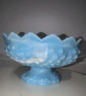 Vintage Fenton Blue & White Slag Milk Glass Hobnail Candle Bowl Mid Century