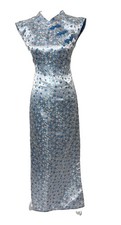 Silver Blue Cheongsam Qipao Cap Sleeve Maxi Dress Asian Botanical Satin Brocade
