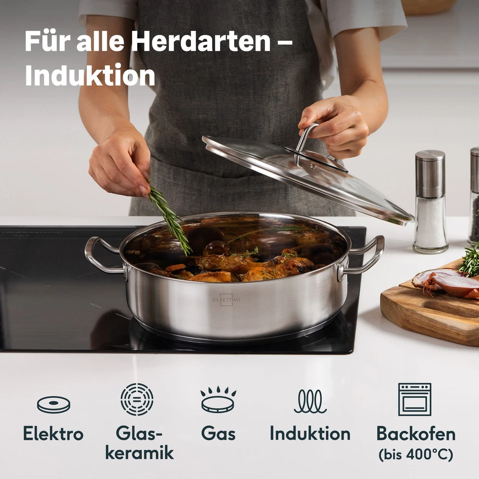 SILBERTHAL Schmorpfanne Unbeschichtet 28 cm hoher Rand - Servierpfanne mit Decke - Bild 2 von 4