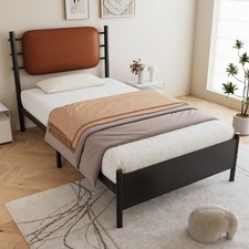 3FT Single Metal Bed Frame Black Wrought Iron 90x190cm PU Upholstered Headboard 