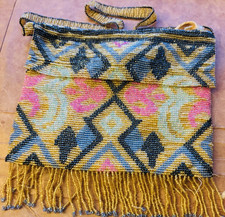 ANTIQUE MICRO BEADED SMALL ENVELOPE PURSE HANDBAG w FRINGES COLORFUL GEOMETRIC