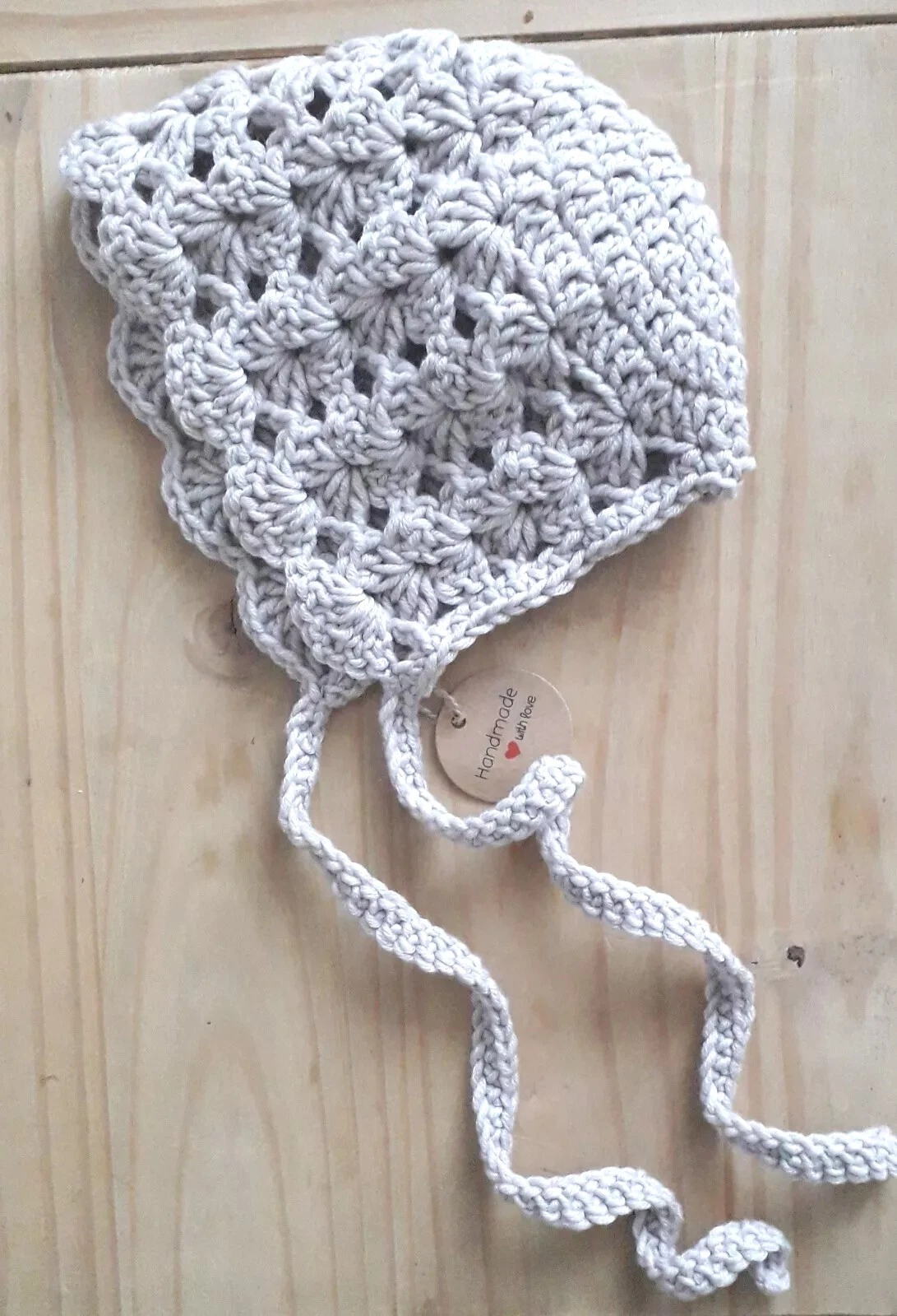 Crocheted Vintage Baby Bonnet Merino wool /0-3 months/Grey Sand
