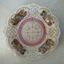 Antique COURTING COUPLE Pink/Gold Reticulated Porcelain Bowl (6.25" diameter)