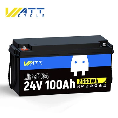 WattCycle 2560Wh 24V 100Ah LiFePO4 Lithium Battery Deep Cycle BMS Solar RV Home