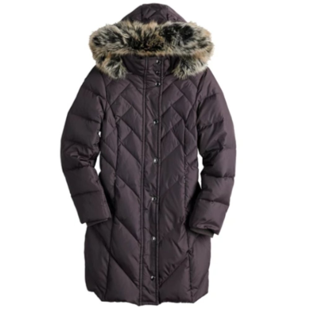 London Fog Tower Hooded Faux Fur Down Puffer Coat-Black- Var Szs