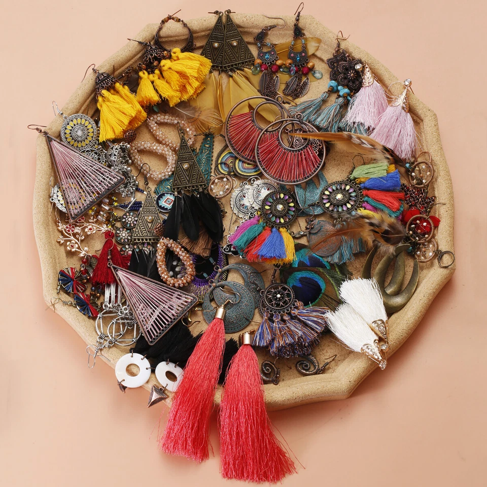 Wholesale 30 Pairs Vintage Retro Dangle Stud Earrings Boho Hoop Jewelry Lot - Image 3 of 4