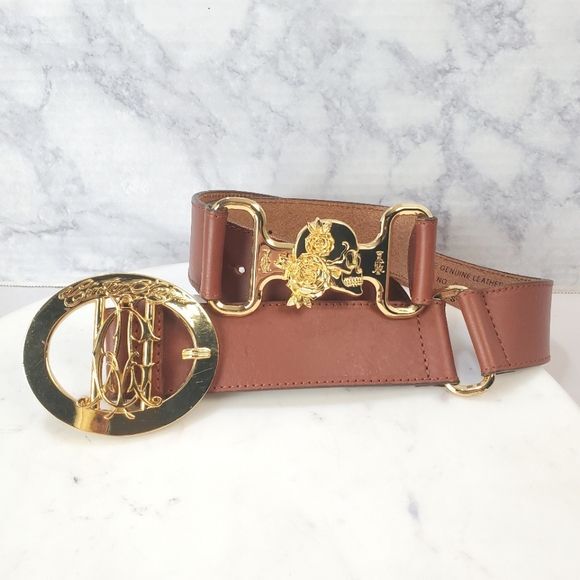 Christian Audigier Belt S/M Brown Leather Skulls Roses Gold  display picture 1
