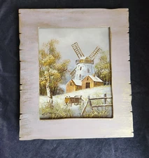 Vintage Charm: Framed Oil Painting of Old Mill in Winter, Mint Condition