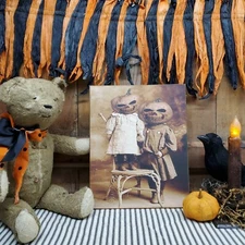 PRIMITIVE VINTAGE STEAMPUNK STYLE HALLOWEEN PORTRAIT PUMPKIN HEAD KID PHOTO SIGN