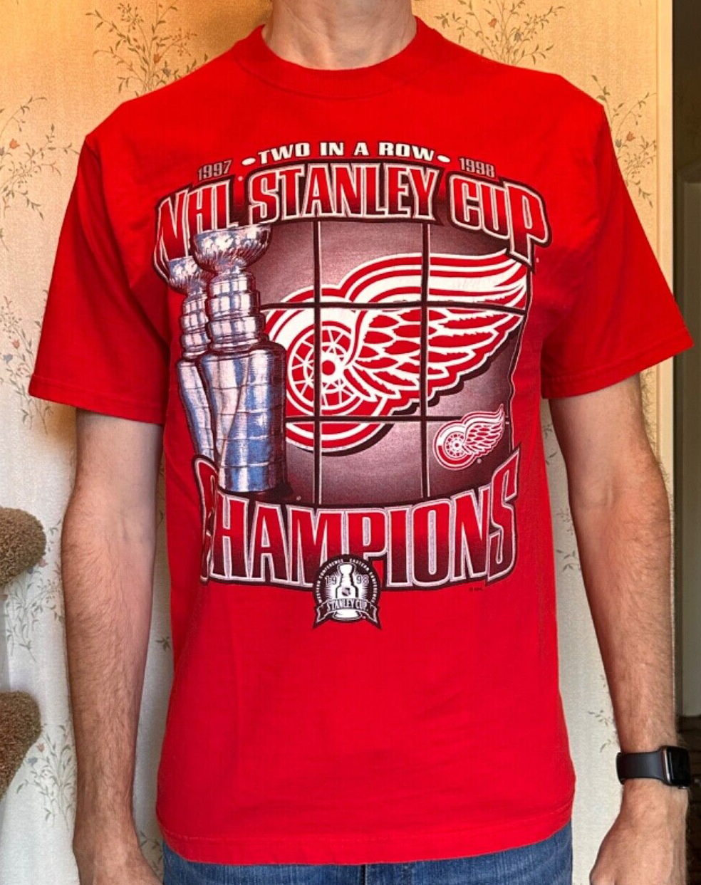 Maglia media Detroit Red Wings 1997 1998 due in fila Stanley Cup Champions