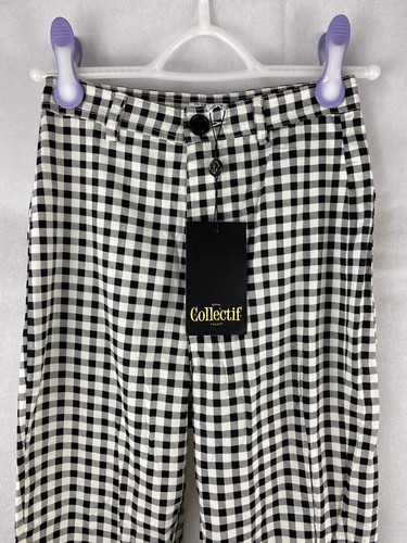Collectif Maddie Gingham Trousers UK 8 XS White Black High Waist - Picture 2 of 18