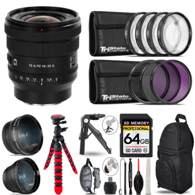 Sony FE PZ 16-35mm f/4 G Lens - 3 Lens Kit + Tripod +Backpack -64GB Kit