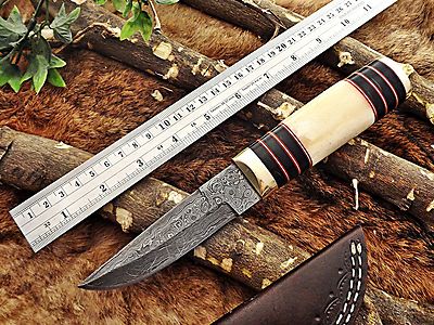 10'' Damascus steel skinner Knife,Camel bone Brass & Bull horn scale, sheath