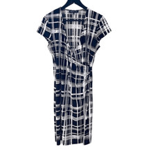Jones New York Womens Shift Dress Plaid Wrap V Neck Stretch Black White Large