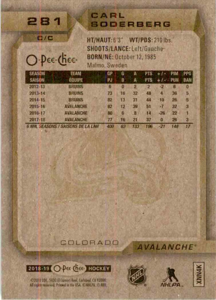 2018-19 O-Pee-Chee Carl Soderberg #281 - Image 2 of 2