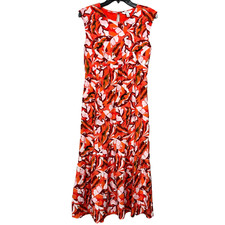 Nine West Maxi Dress Small Red Floral Sleeveless Peplum Crinkle Lightweight Boho