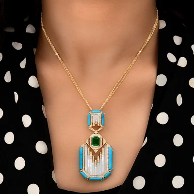 Si / H Diamant Perlmutt Sambianischer Smaragd Anhänger Halskette 14k Gelbgold - Bild 1 von 4