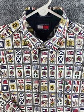 VTG Tommy Hilfiger Button Up Shirt Colorful Crest Flag Logos AOP Large Countries