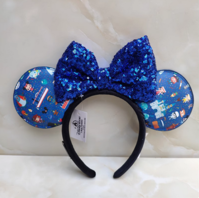 Loungefly Black Sequin Bow Blue Character Print Minnie Ears Headband Minnie Ears Chibi Loungefly Sequin Bow Blue Icons Disney  main image 2
