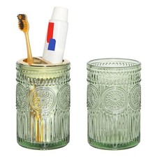 Green Glass Toothbrush Holder, 2pcs 12oz Bathroom Tumbler Cups Green Gold