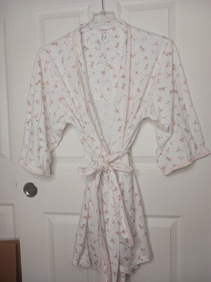 Aria 100% Cotton Short Robe Pink Tie Size Medium Pink Floral Rosebud Pockets 