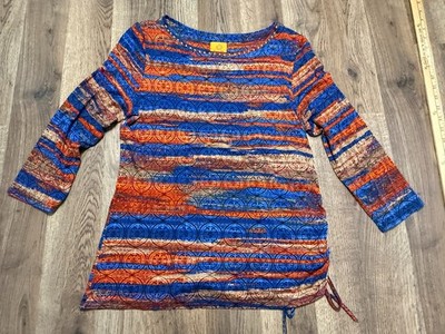 Ruby Rd Shirt Womens Medium Blue Red Brown Orange Striped 3/4 Sleeve Shirt