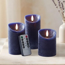 Navy Blue Flameless Candles with Remote and Timer, Real Wax Made LED Pillar C...