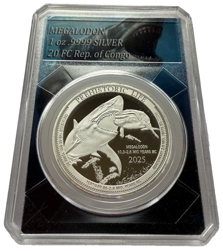 1 Oz .999 Silver 2025 Rep. of Congo 20 FRANCS, HUNT FOR MEGALODON GOLD-OPENED!