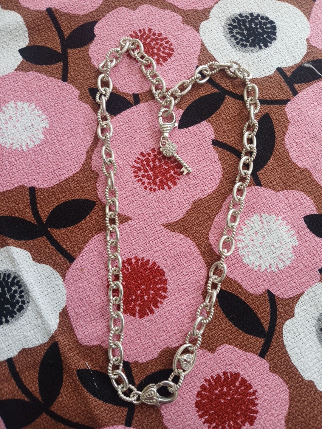Judith Ripka Vintage Textured 925 Sterling Necklace 18” with Key Charm CZ