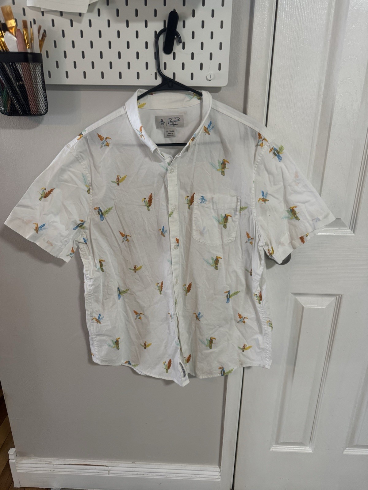 An Original Penguin By Munsingwear Button Down Shirt White Bird Print Size XL