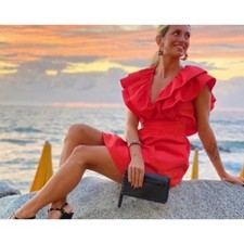 Zara Ruffle V-Neck Mini Dress Red Size XS