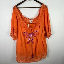 Venezia Blouse Plus 18/20 Orange Embroidered Peasant Boho Sheer Crinkle Festival