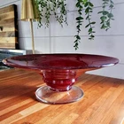Ruby Blenko Art Glass footed compote bowl with etched 2002