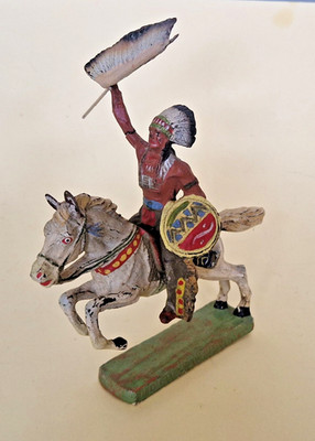 Elastolin Wildwest Massefigur 7cm, angreifend Indianer-Häuptling a.Pferd 30-50er