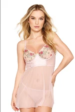 NWT L Dreamgirl Vintage Rose Embroidery, Satin and Mesh Babydoll and G-string