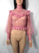 Vintage 70s Pink Lace Romantic Neo Victorian Frilly Ruffle Blouse Size S/XS
