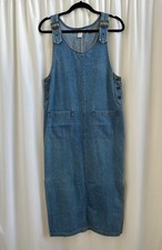 Vintage Denim Overall Jumper Dress Midi Maxi Pinafore Adjustable Straps Womens S