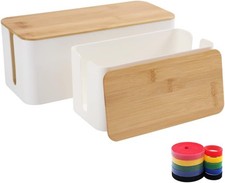 Cable Management Box Organizer Set of 2 Bamboo Lid Large Storage Wire Holder