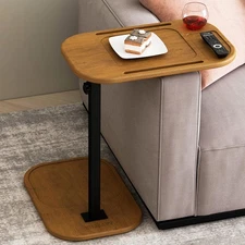 ZUJJAFY Wood C Shaped End Table for Couch Arm, Small Sofa Side Brown 