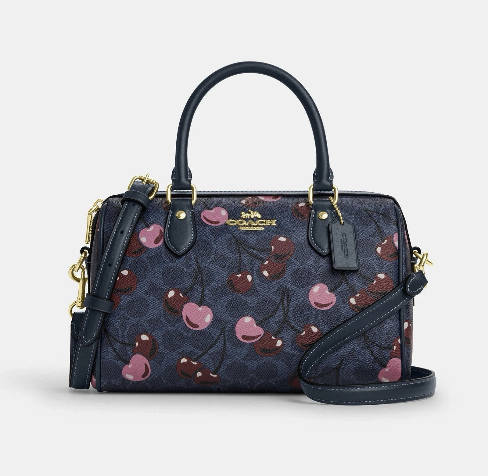 Borsa a tracolla Coach Rowan nuova con etichette in tela firmata con stampa ciliegia CY692 denim